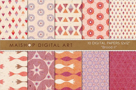 Digital Paper - Brood II - Cream, Lilac, Org, Stars, Triangles, Geometric Papers
