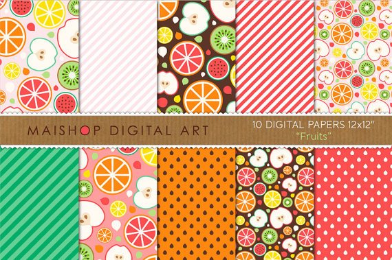 Digital Paper-Fruits-AppleLemon,OrgWatermelonKiwiGrnRedPinkYW,Org Patterned Paper