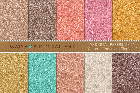 Glitter Digital Paper-Chocolate Elephant-GoldMintChampagnePinkOrg,Brw GlitterDesignCard Making