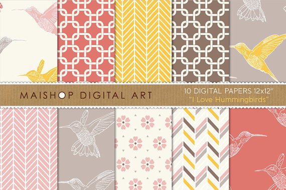 Digital Paper-I Love Hummingbirds-papers of Birds,Geometric,Herringbone Chevron