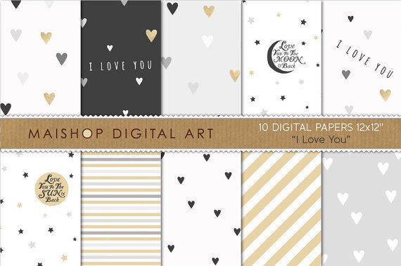 Valentine's Digital Paper-I Love You-Elegant Romantic GrayWh Gold print PapersCard MakingCrafting
