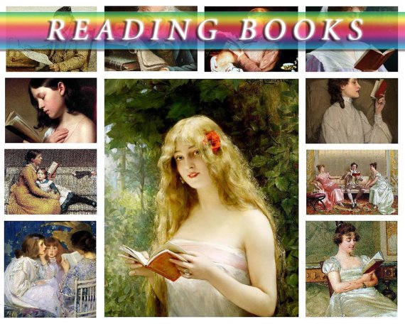 READING BOOKS on 240 vintage print