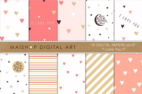 Romantic Digital Paper 'I Love You II' CoralPinkGoldWh PapersW ArtStationery