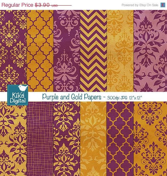 Purple , Gold Damask Digital Papers - Scrapbooking Paper - card design, stickers