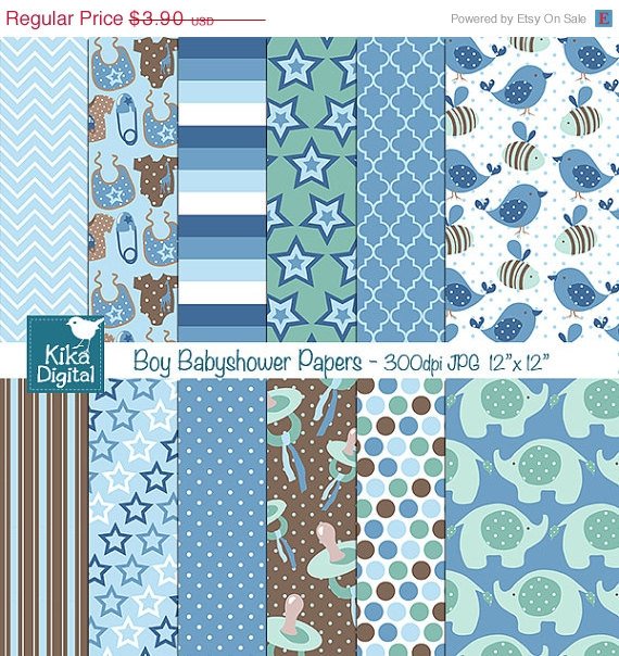 Boy Babyshower Digital Papers-Blue Digital Scrapbooking Papers-card