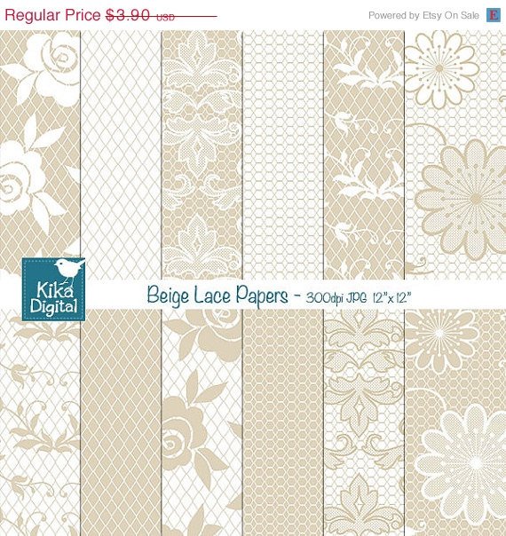 Beige Lace Digital Papers - Digital Scrapbook Papers - card design, background