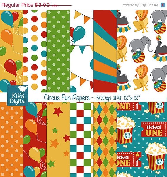 Circus Digital Papers - Digital Scrapbooking Papers - card design, background