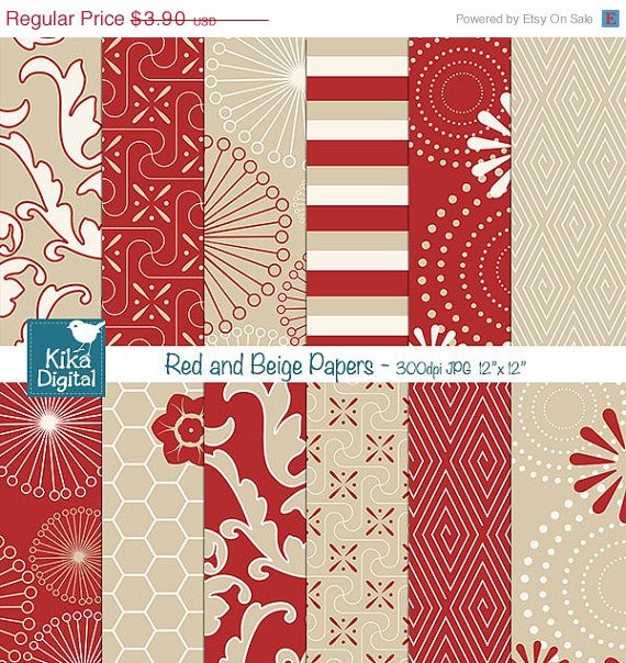 Red Beige Digital Papers, Red Tan Scrapbooking Papers - card design, background