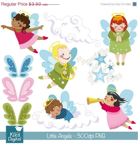 Angels Digital Clipart / Scrapbooking Grn, Blu , pink - card design, invitations