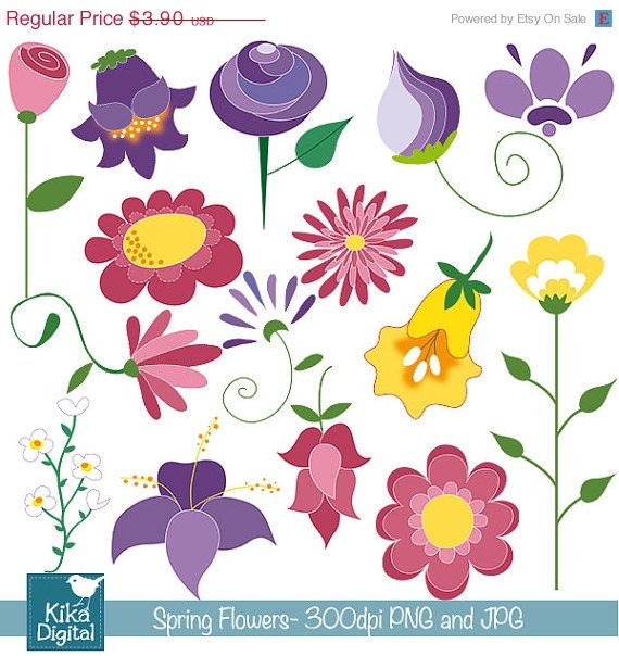 Doodle Spring Flowers Digital Clipart / Scrapbooking - card design, invitations