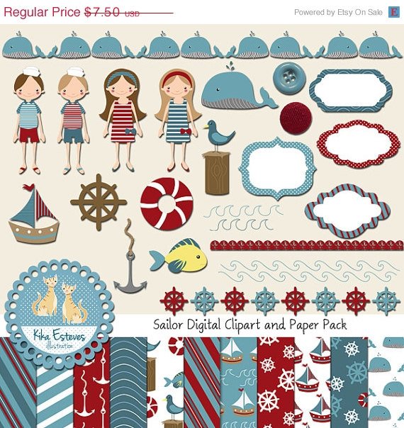 Sailor Digital Clipart , Paper Bundle - Scrapbooking , card design, invitations