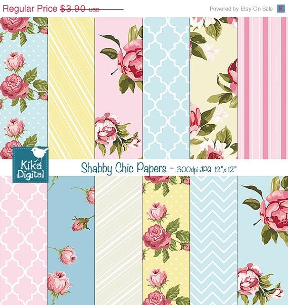 Shabby Chic Digital Papers - Scrapbooking, card design, stickers, background