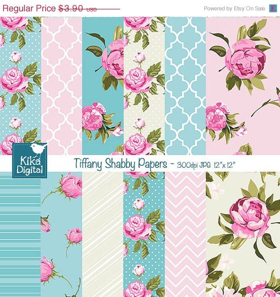 Tiffany Shabby Chic Digital Papers, Shabby Chic Scrapbook Papers - card design