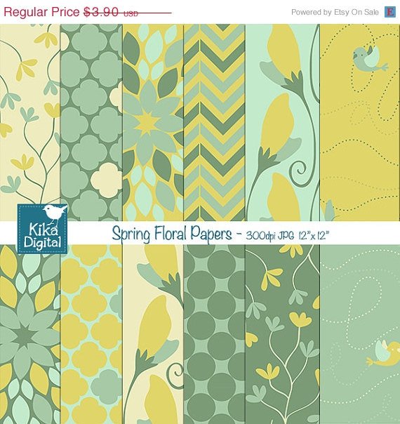 Spring Floral Digital Papers - Grn Floral Paper Pack - Scrapbooking, card design