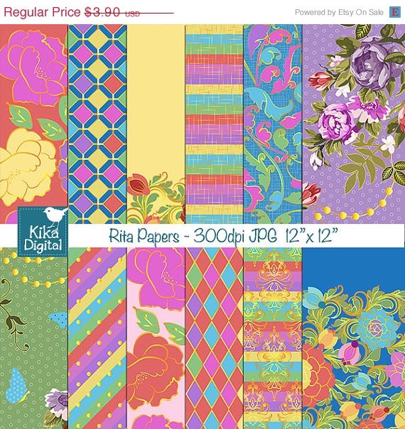 Bright Flowers Digital Papers - Digital Scrapbook - card design, background