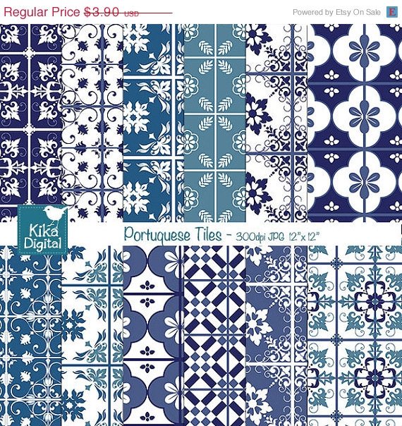 Portuguese Tiles Digital Papers, Blue Tile Digital Scrapbook Papers card design
