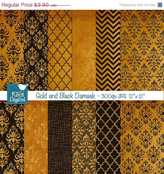 Gold , Black Damask Digital Papers - Scrapbooking Papers - card design