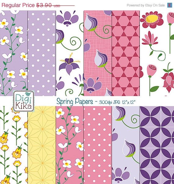 Spring Flowers Digital Papers - Floral Digital Scrapbook Papers - card making