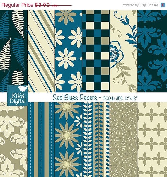 Navy Blue , Beige Digital Papers-Sad Blues Digital Scrapbook Papers-Blue
