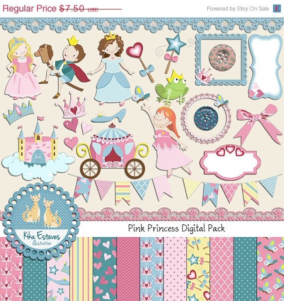 Pink Princess Digital Clipart , Paper Combo- Scrapbooking , card design