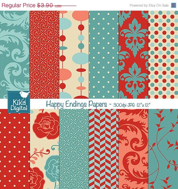 Happy Ending Digital PapersRed Aqua Papers-scrapbookingcard designbackgroundOA