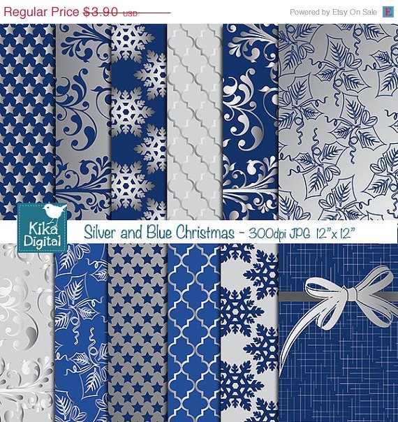 Blue , Silver Christmas Digital Papers - Scrapbooking Papers - design