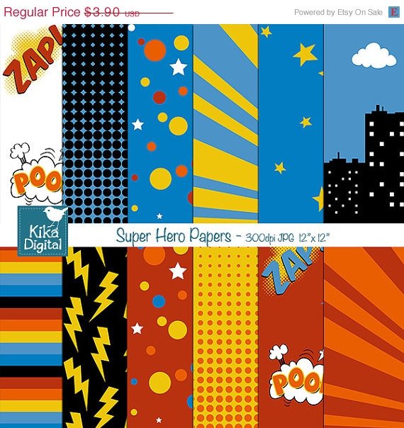 Super Hero Digital PapersSpeech Bubble Digital Scrapbook card designparty birthdaydecor