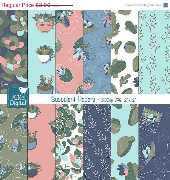 Succulent Digital Papers, Cactus , Terrarium Scrapbook Papers - card design