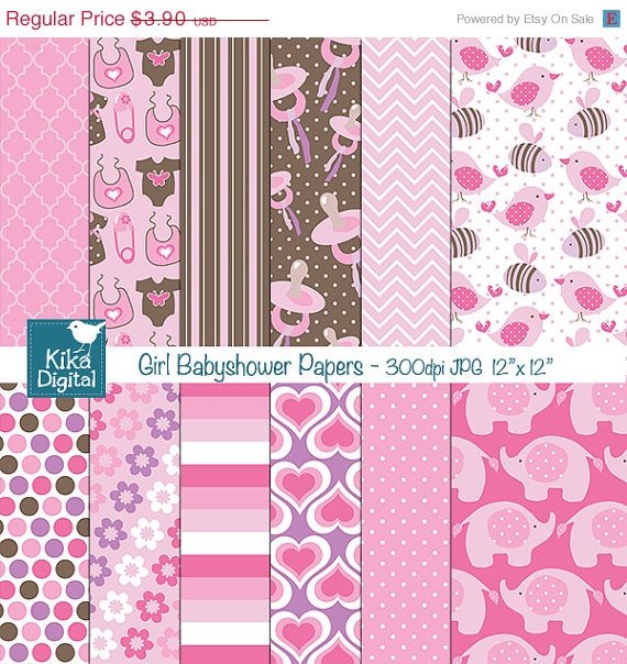 Girl Babyshower Digital Papers - Pink Digital Scrapbooking Papers - card design