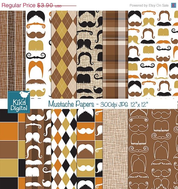 Mustache Digital Papers - Digital Scrapbooking Papers - card design, background