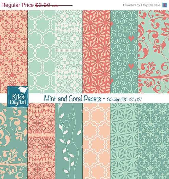 Mint Coral Digital Papers-Mint Peach Wedding Papers-Scrapbookingcard designo