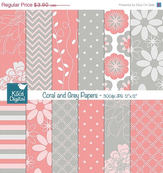 Coral , Grey Digital Papers - Digital Scrapbooking - card design, background