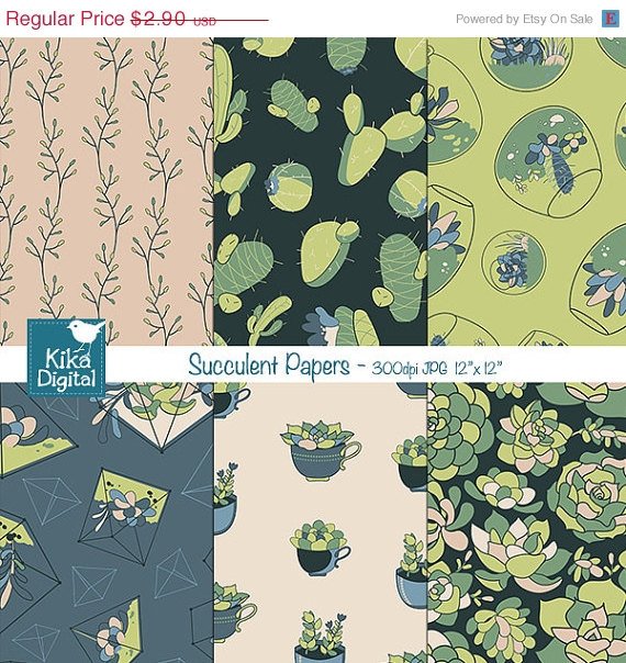 Succulent Digital Papers- Succulents , Cactus Paper Pack- Scrapbook, card design