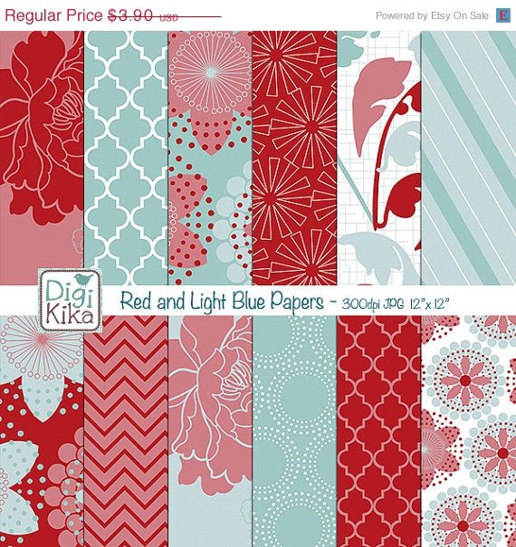 Red , Light Blue Digital Papers - Red , blue Scrapbook Papers - card design