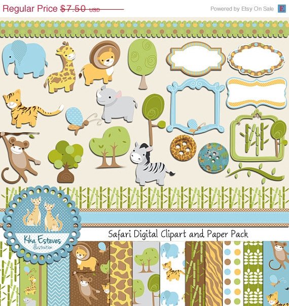Safari Digital Clipart , Paper COMBO - Scrapbooking , card design, stickers