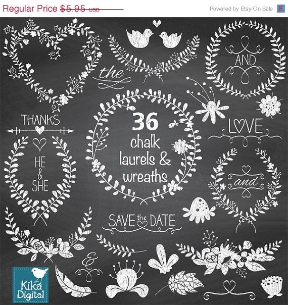 Chalk Laurel Wreath ClipartChalk Wedding LaurelsHDrawn Chalkboard Leaf Branches Flowers Clip Art
