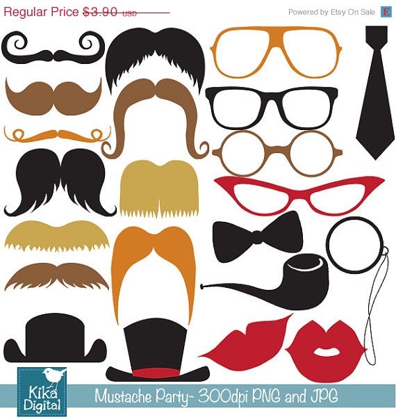 Mustache Party Digital Clipart - Scrapbooking , card design, photo booth