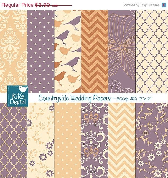 Countryside Wedding Digital Papers, damask scrapbook papers, wedding invitation