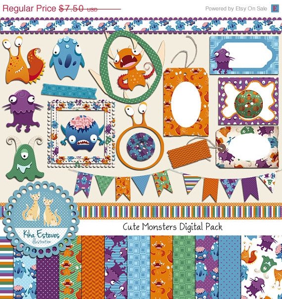 Little Monsters Digital Clipart , Paper Pack - Scrapbooking , card design
