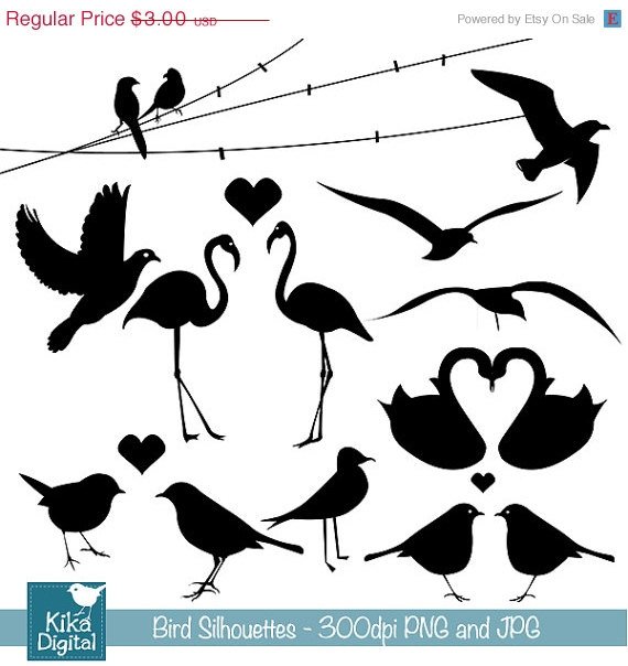 Bird Silhouettes - Digital Clipart / Scrapbooking black - card design, stickers