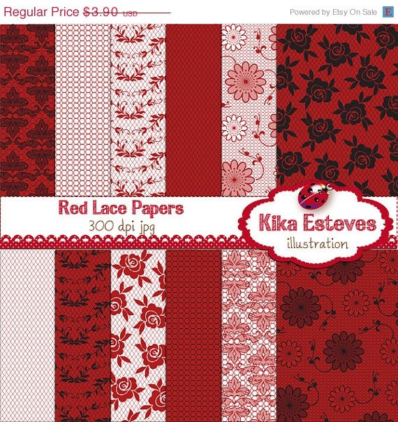 Red Lace Digital Papers - Digital Scrapbook Papers - card design, backgroundA