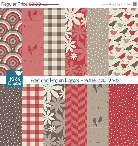 Red ,Brw Digital Papers - Digital Scrapbook Papers card design, stickers