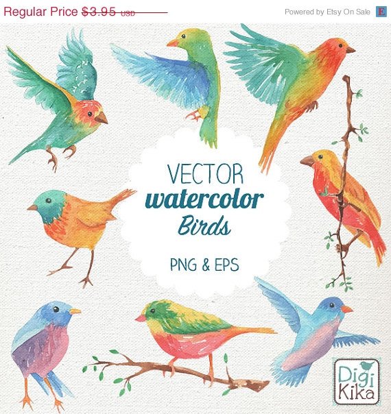 VECTOR Watercolor Birds Clip Art-HPainted BirdsVector Birds Clipart SetWatercolor Birds Png -Instan