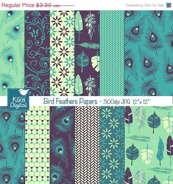 Bird Feathers Digital Papers - Peacock Digital Scrapbooking Papers - card design
