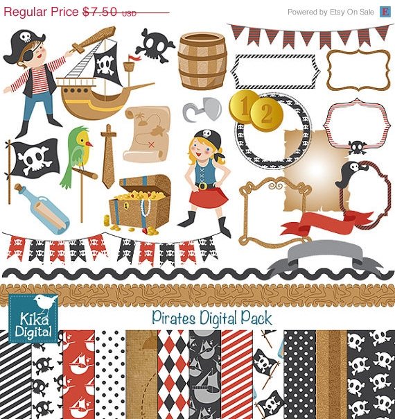 Pirates Digital Clipart , Paper Pack - Scrapbooking , card design, stickers