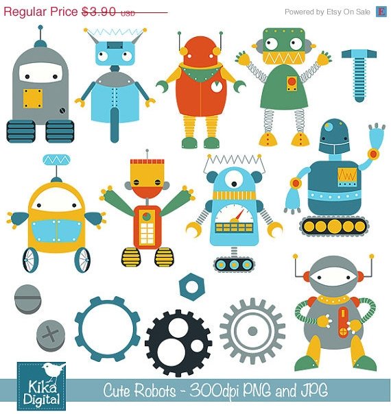 Cute Robots Digital Clipart - Scrapbooking , card design, invitations, stickers