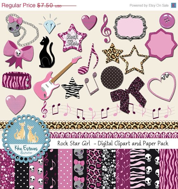 Rock Star Girl Digital Clipart , Paper COMBO - Scrapbooking , card design