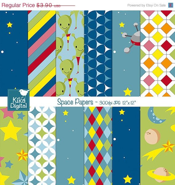 Space Digital Papers - Scrapbooking, card design, stickers, background