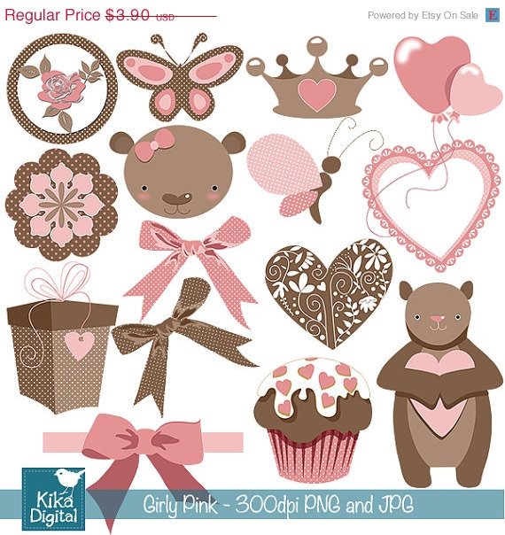 Pink Teddy Bear Digital Clipart- Girl Clip art- Scrapbook, card design, stickers