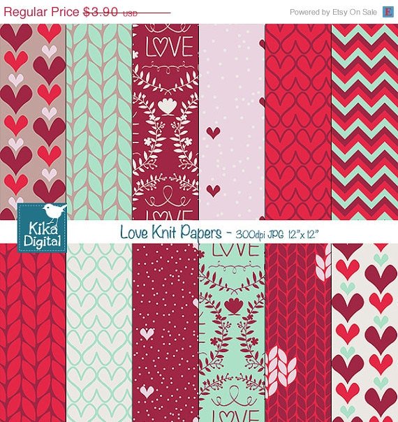 Love Knit Digital Papers, Knit Digital Scrapbook Papers, Paper Pack- card design